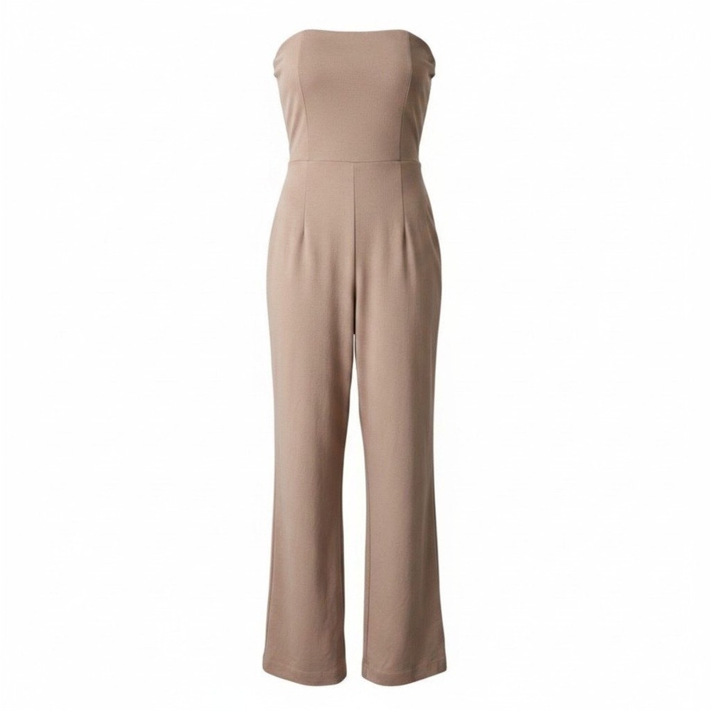 PrettyLittleThing Strapless Jumpsuit Sz 6 Tan Wide Leg Pintuck Office Workwear